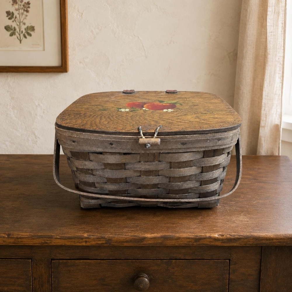 Vintage Apple Basket - Hand Painted Signed Beth Kankel 1981 Woven Picnic Basket